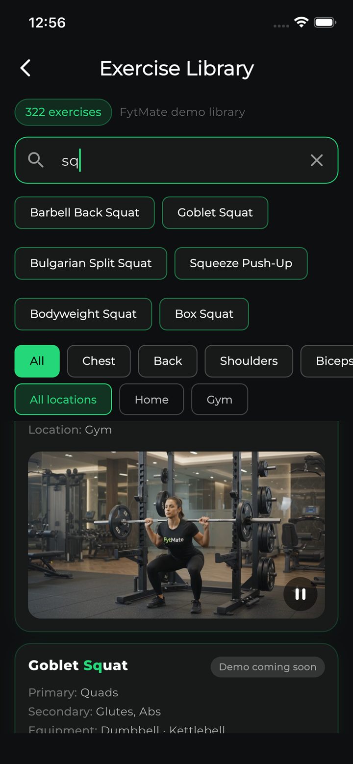 FytMate exercise library — 322 exercises with video demos