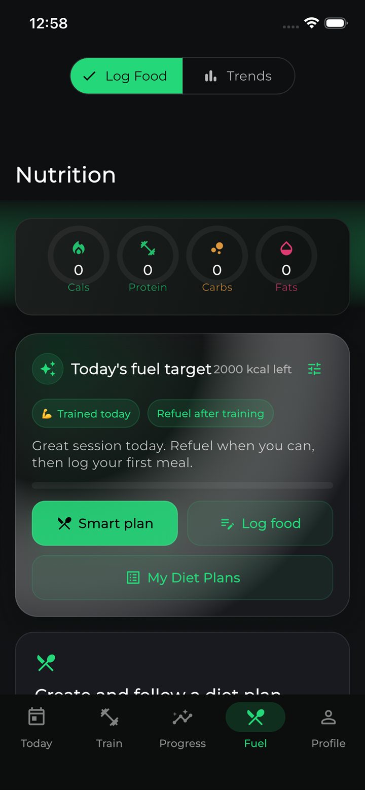 FytMate nutrition screen — macro tracking and daily fuel target