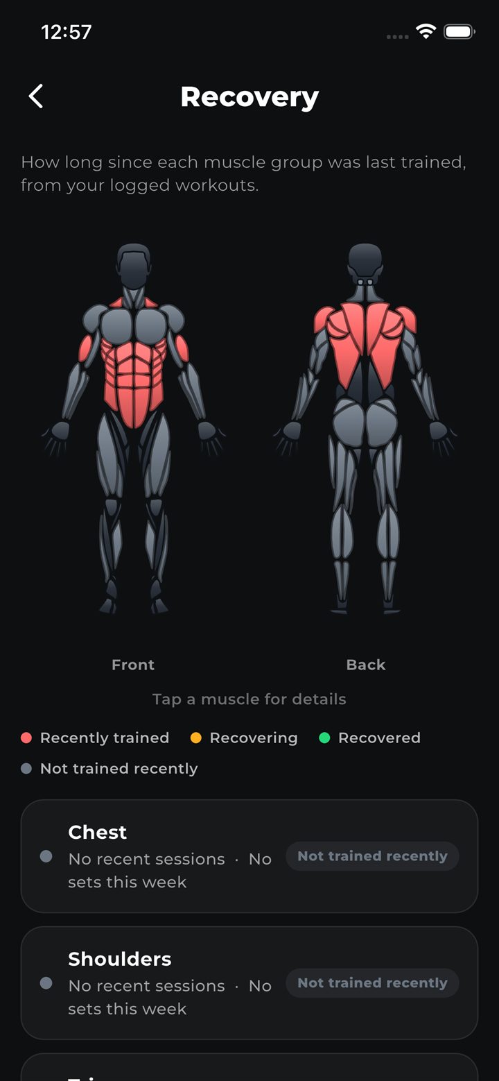 FytMate recovery screen — muscle-group body map by time since last trained