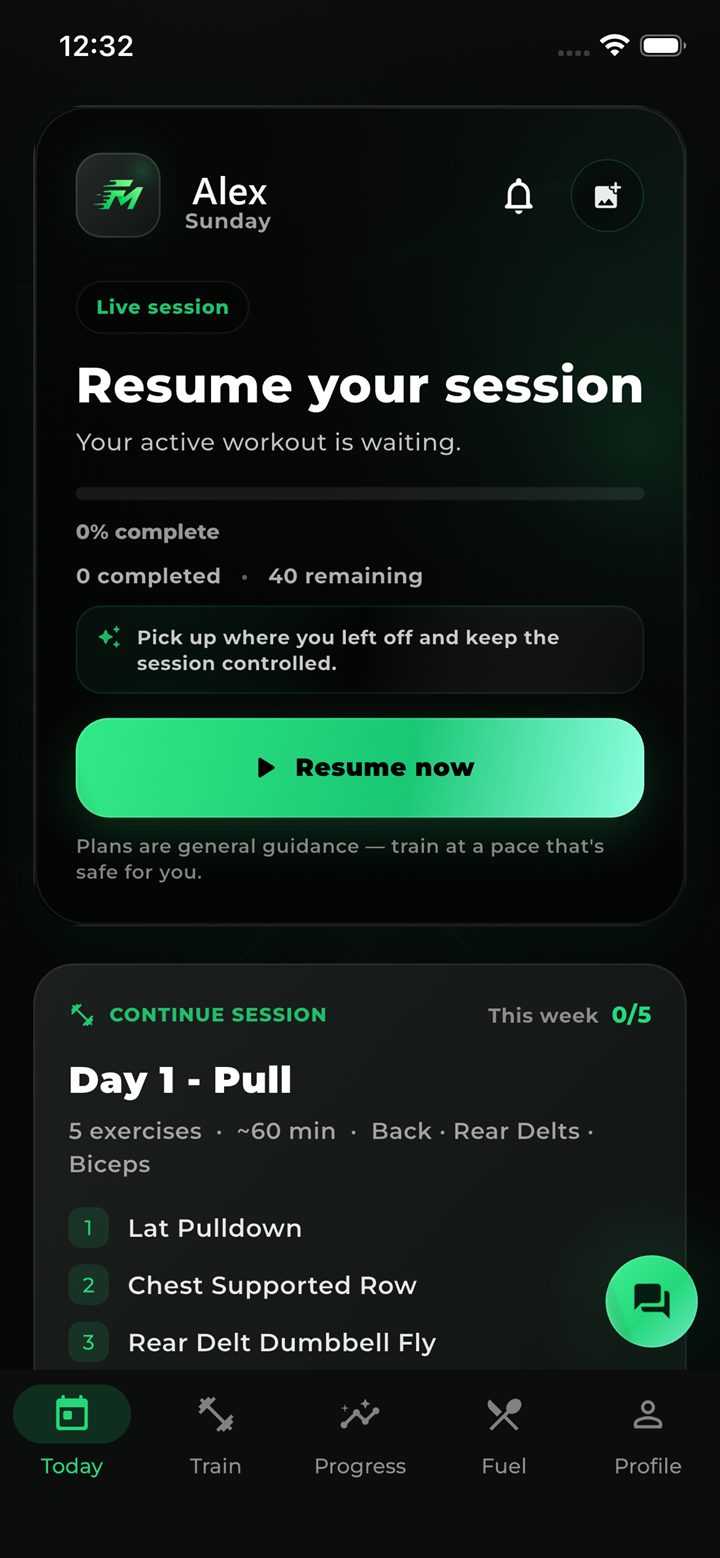 FytMate home screen — resume your workout session