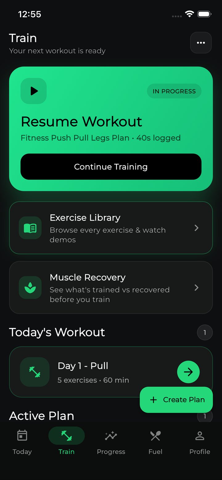 FytMate train screen — resume workout, exercise library and muscle recovery